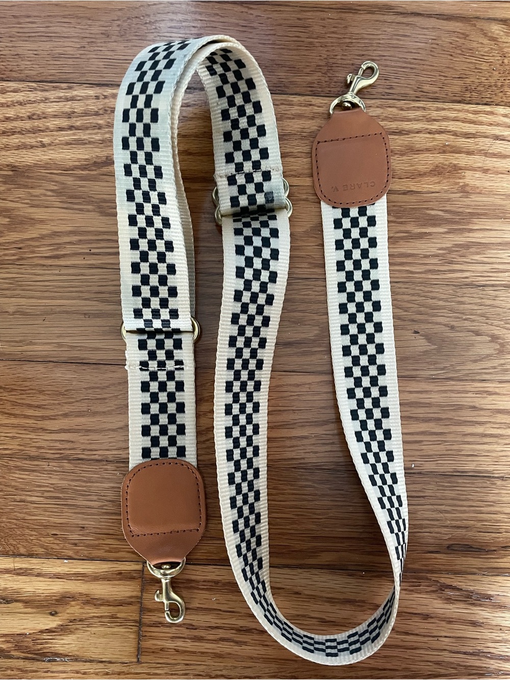 Clare V Checkerboard Crossbody Strap with Tan Leather Accents